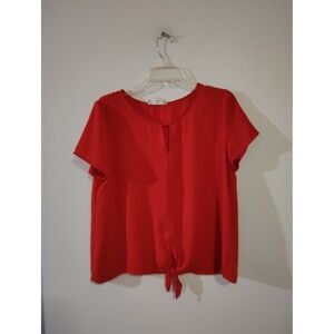 Pink Rose Vintage Red Tie Front Keyhole Split Neck Short Sleeve Blouse XL‎